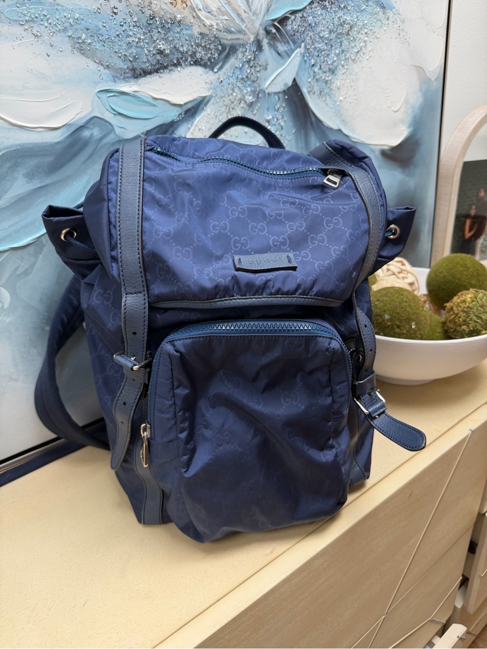 Gucci Blue GG Nylon Backpack with Leather Trim